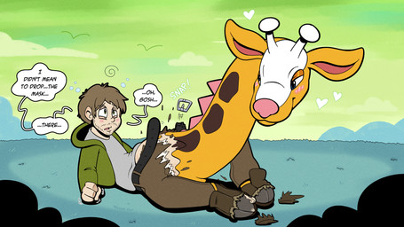 antlers belt blue_eyes blush blush_lines bottomwear brown_hair clothing cloven_hooves dialogue footwear fur grass green_eyes hair heart_symbol hearts_around_head hooves horn jacket male markings mid_transformation onomatopoeia pants pink_nose plant shirt shoes solo sound_effects speech_bubble spikes spikes_(anatomy) spots spotted_body spotted_fur text topwear torn_clothing transformation upside_down_transformation yellow_body yellow_fur respecies nintendo pokemon kyp_(character) generation_2_pokemon girafarig human mammal pokemon_(species) 16:9 english_text hi_res widescreen