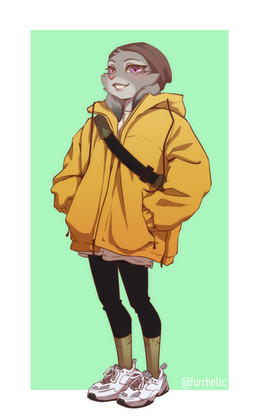 anthro beanie clothed clothing female footwear grey_body hat headgear headwear jacket looking_at_viewer purple_eyes shoes smile smiling_at_viewer sneakers solo standing topwear furrholic disney zootopia judy_hopps lagomorph leporid mammal rabbit