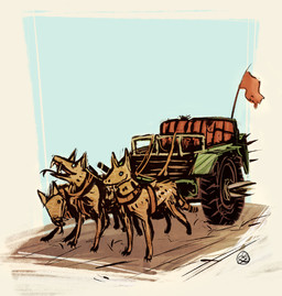 abstract_background ambiguous_gender brown_body brown_fur brown_scales cart fangs feral flag forked_tongue fur group harness pointy_ears pulling_wagon scales standing teeth tongue trio wheel leona-florianova fallout microsoft night_stalker_(fallout) english_description hi_res signature