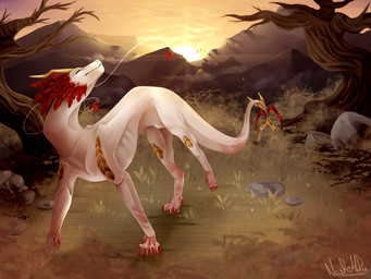claws day detailed_background feathers feral grass outside plant red_body red_eyes red_feathers rock sky solo standing sun tail nashiholy mythology dragon mythological_creature mythological_scalie scalie 2019 4:3 absurd_res digital_media_(artwork) hi_res