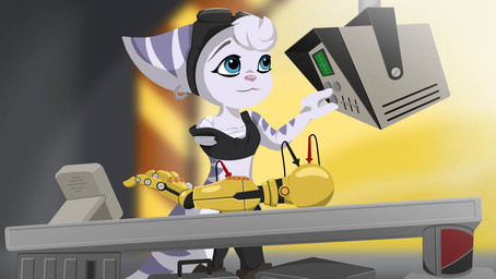 1_missing_limb amputee anthro battery blue_eyes computer cybernetic_arm cybernetic_limb disability electronics eyewear eyewear_on_head female female_anthro fur goggles goggles_on_head missing_arm prosthetic prosthetic_arm prosthetic_limb repair solo white_body white_fur scruffbucket ratchet_and_clank sony_corporation sony_interactive_entertainment rivet_(ratchet_and_clank) lombax mammal
