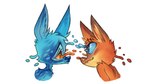 ambiguous_gender anthro blue_body blue_eyes blue_fur blue_nose dripping duo eye_contact eyebrows eyelashes fur inner_ear_fluff looking_at_another orange_body orange_eyes orange_fur side_view simple_background smile snout tuft white_background ljrmr blue_(ljrmr) fox_(ljrmr) canid canine deer fox mammal red_fox true_fox 16:9 2021 digital_drawing_(artwork) digital_media_(artwork) paint_tool_sai_(artwork) widescreen nonbinary_(lore)