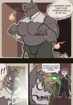 anthro arm_scar beep belly big_bulge big_muscles big_pecs black_bottomwear black_clothing black_pants black_shirt black_tank_top black_topwear bodily_fluids bone bottomwear bulge camera clothing dialogue duo exclamation_point eyewear flash_(sound_effect) floating glasses green_bottomwear green_clothing green_pants inside lidar male musclegut muscular muscular_anthro muscular_male navel nipples orange_eyes pants pecs scar shirt skull speech_bubble standing sweat sweatdrop tank_top text topwear torn_clothing torn_shirt torn_topwear king_slabu adrian_(king_slabu) nolan_(king_slabu) american_opossum canid canine canis domestic_dog mammal marsupial spirit virginia_opossum absurd_res comic compression_artifacts english_text hi_res