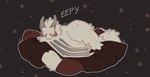 ambiguous_gender bed feral fur furniture grey_horn horn sleeping solo text white_body white_fur viurrr mythology dragon furred_dragon furred_scalie mythological_creature mythological_scalie scalie hi_res