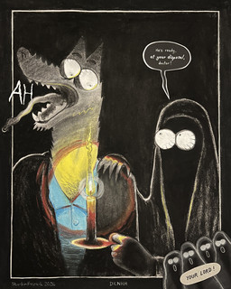 5_fingers ambiguous_gender anthro black_background bloodshot_eyes blue_clothing blue_shirt blue_topwear border candle choir clothing creepy dialogue duo eyebrows fingers hand_on_shoulder hooded_cloak male mysterious_figure screaming shirt simple_background speech_bubble surprised text tongue tongue_out topwear sharkinthepark dr_knot_(sharkinthepark) canid canine mammal 2026 4:5 absurd_res charcoal_(artwork) comic english_text hi_res pastel_(artwork) traditional_media_(artwork)