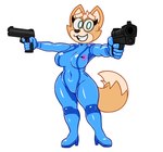 anthro bodysuit boots breasts brown_body brown_fur clothing crossgender dual_wielding female footwear frown_eyebrows fur green_eyes gun high_heeled_boots high_heels holding_object holding_weapon looking_at_viewer ranged_weapon shoes simple_background skinsuit smile solo tail teeth thick_thighs tight_clothing weapon zero_suit acstlu metroid nintendo star_fox fox_mccloud zerosuit_fox canid canine fox mammal 2022 hi_res