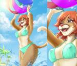 anthro ball beach beach_ball bikini biped breasts clothed clothing fangs female fully_clothed hair happy inflatable long_hair navel nipple_outline outside palm_tree plant red_hair seaside sky smile solo standing swimwear teeth thong tongue tree two-piece_swimsuit underwear avablanched feoi cougar felid feline mammal signature