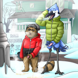 4_toes anthro avian_feet barefoot beak beanie blue_body bodily_fluids bottomless brown_body building claws clothed clothing coat feet genital_fluids genitals hat headgear headwear holding_own_penis holding_penis house looking_relieved male male_peeing paws peeing peeing_in_snow peeing_on_ground peeing_outside peeing_together penis pink_penis plant snow tail talons tapering_penis toe_claws toes topwear tree urine urine_on_ground urine_stream watersports winter furrtea cartoon_network regular_show mordecai_(regular_show) rigby_(regular_show) avian bird blue_jay corvid jay_(bird) mammal new_world_jay oscine passerine procyonid raccoon 1:1