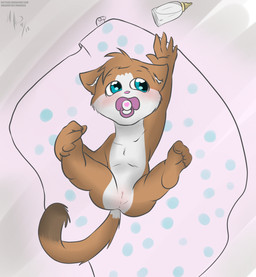 anthro anus blue_eyes blush bottle butt clitoris container female genitals legs_up lying neonate nude object_in_mouth pacifier pacifier_in_mouth solo spread_legs spreading text toddler vulva young young_anthro makoruu domestic_cat felid feline felis mammal hi_res url