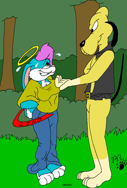 anthro barefoot black_nose blue_body blue_fur bodily_fluids bottomwear breasts cleavage clothed clothed_female clothing duo feet female flying_sweatdrops forest fur gloves_(marking) hair halo leg_markings male markings open_clothing open_topwear open_vest outside pants pink_nose plant purple_hair scut_tail shirt short_tail shrub socks_(marking) sweat sweatdrop tail topwear tree vest yellow_body yellow_fur kthanid_(artist) rutwell_forest beuford_bloodhound binky_bunny_(rutwell) bloodhound canid canine canis domestic_dog hunting_dog lagomorph leporid mammal rabbit scent_hound hi_res