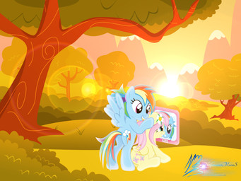 alternate_hairstyle blue_body blue_eyes blue_feathers blue_fur cutie_mark detailed_background duo feathered_wings feathers female feral flower fur hair landscape lens_flare mountain multicolored_hair nature outside pink_hair plant rainbow_hair red_eyes shrub sky smile spread_wings sun sunset tree wings yellow_body yellow_feathers yellow_fur nightmaremoons friendship_is_magic hasbro my_little_pony mythology fluttershy_(mlp) rainbow_dash_(mlp) equid equine mammal mythological_creature mythological_equine pegasus 2013 4:3 absurd_res hi_res