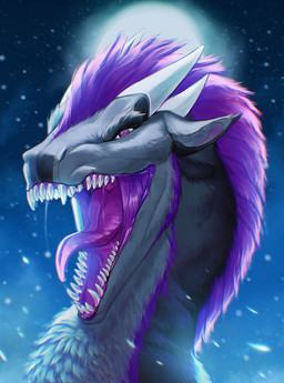 ambiguous_form bodily_fluids fangs fur grey_body grey_fur hair looking_at_viewer male markings moon mouth_shot night open_mouth outside pupils purple_eyes purple_hair purple_markings purple_tongue saliva slit_pupils snout snow snowing solo teeth tongue tongue_out orca24a mythology dragon furred_dragon furred_scalie mythological_creature mythological_scalie scalie colored digital_drawing_(artwork) digital_media_(artwork) hi_res shaded