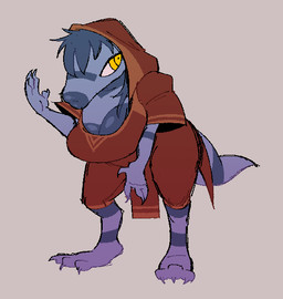 3_toes anthro big_breasts black_eyes breasts claws cleavage clothed clothing digitigrade feet female finger_claws grey_background grey_body grey_claws grey_hair grey_scales hair lips orange_clothing orange_robe pupils purple_body purple_scales raised_hand red_clothing red_robe robe scales simple_background solo standing thick_lips toes yellow_eyes yellow_pupils hhbrother psychopomp_(video_game) thrait 2026 hi_res
