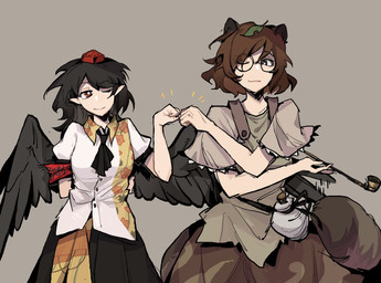 armband black_bottomwear black_clothing black_hair black_skirt black_wings bottomwear brown_bottomwear brown_clothing brown_hair brown_skirt clothed clothed_female clothed_humanoid clothing duo eyewear feathered_wings feathers female fist_bump gesture glasses hair hand_behind_back hat headgear headwear holding_object holding_smoking_pipe horn humanoid_pointy_ears one_eye_closed pointy_ears red_armband red_clothing red_hat red_headwear shirt simple_background skirt smile smoking_pipe topwear wearing_glasses white_clothing white_shirt white_topwear wings gtbherbstc mythology touhou aya_shameimaru mamizou_futatsuiwa animal_humanoid avian avian_humanoid canid canid_humanoid canine canine_humanoid equid equine humanoid mammal mammal_humanoid mythological_creature mythological_equine tanuki_humanoid winged_unicorn absurd_res hi_res