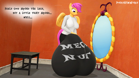 anthro balls_outline big_breasts big_bulge breasts bulge detailed_bulge genital_outline gynomorph huge_bulge hyper hyper_bulge intersex penis_outline solo text wings pinkierawr friendship_is_magic hasbro my_little_pony mythology scootaloo_(mlp) equid equine mammal mythological_creature mythological_equine pegasus 16:9 3d_(artwork) digital_media_(artwork) english_text hi_res widescreen