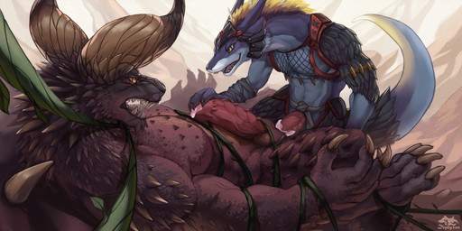 abs anal anal_penetration anthro armor balls biceps big_penis blonde_hair blue_body blue_skin bodily_fluids bottomwear bound claws clothed clothing cum cum_inside dominant dominant_male duo erection eye_contact feathers forced genital_fluids genitals grey_body grey_scales hair headgear helmet holding_penis horn larger_sub loincloth looking_at_another lying male male/male male_penetrated male_penetrating male_penetrating_male mane muscular muscular_male nargacuga_armor on_back open_mouth partially_clothed pecs penetration penile penile_penetration penis penis_in_ass plant red_body red_scales ridged_penis scales sex size_difference spines spread_legs spreading submissive submissive_male tail vein vines zephyxus capcom monster_hunter mythology teryx_commodore dragon elder_dragon mythological_creature mythological_scalie nergigante scalie 2018 2:1 hi_res