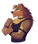 anthro biceps big_muscles biped black_clothing black_collar black_shirt black_tank_top black_topwear brown_body brown_fur clothing collar collar_tag floppy_ears fur green_eyes male muscular muscular_anthro muscular_male pecs shirt solo tank_top topwear yongdasom bongo_(yongdasom) canid canine canis domestic_dog mammal 2024 hi_res