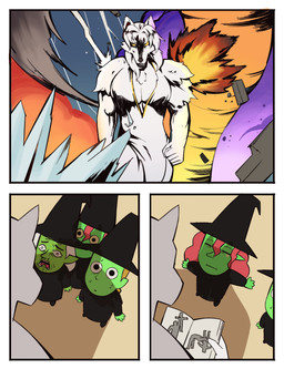 5_fingers acceptance anthro biped black_clothing black_dress black_nose bodily_fluids book breasts brown_hair clothed clothing confident detailed_background dominant dominant_anthro dress electricity elemental_manipulation female fingers fire fire_manipulation frown fully_clothed fur glowing glowing_eyes green_body green_skin group hair hat headgear headwear ice inner_ear_fluff lightning looking_at_viewer magic_user muscular muscular_anthro muscular_female pointy_ears reading reading_book red_hair scared shocked suplex sweat sweatdrop t-pose tongue tornado tuft walking_towards_viewer white_body white_clothing white_dress white_fur white_hair witch witch_hat wrestling yellow_eyes bonnymama7 elphaba_(bonnymama7) eve_(bonnymama7) liria_the_werewolf_saint maureen_(bonnymama7) canid canine canis humanoid mammal wolf 2025 comic digital_drawing_(artwork) digital_media_(artwork) flat_colors hi_res