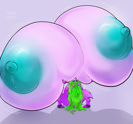 anthro areola big_breasts blue_areola blue_breasts blue_eyes blue_nipples breasts female fur green_hair hair huge_breasts hyper hyper_breasts long_hair nipples nude puffy_areola purple_body purple_fur purple_tail rear_view simple_background solo standing tail text norakaru canid canine mammal artist_name hi_res