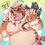 anthro belly beverage black_body black_fur blue_eyes blush bubble_tea clothing duo eyewear fur gesture hand_gesture male musclegut muscular nipples one_eye_closed orange_body orange_fur pecs smile speedo striped_body striped_fur stripes sunglasses swimwear v_sign wink alli_paeonia lifewonders tokyo_afterschool_summoners hombre_tigre_(tas) tezcatlipoca_(tas) felid mammal pantherine tiger 1:1 hi_res