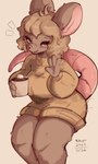 4_fingers anthro beverage big_breasts big_ears blonde_hair breasts candy chocolate clothed clothed_anthro clothed_female clothing container cup dessert emanata eyelashes fangs female female_anthro fingers food front_view fur gesture hair holding_container holding_cup holding_mug holding_object hot_chocolate mug open_mouth open_smile pink_nose pink_tail simple_background smile solo sweater tail teeth thick_tail topwear turtleneck waving waving_at_viewer conditional_dnp tohupo mammal murid murine rat rodent 2024 artist_name dated digital_drawing_(artwork) digital_media_(artwork) hi_res portrait three-quarter_portrait