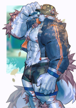 abs ankle_tuft anthro arm_hair armband balls_bulge baseball_cap big_bulge big_hands body_hair bottomwear brown_body brown_fur brown_hair bulge chest_hair clothed clothing electronics fur hair hat headgear headphones headwear hotpants jacket leg_tuft legband male muscular muscular_male nipples open_clothing open_jacket open_topwear shirtless shorts solo topwear tuft white_body white_fur white_hair yellow_eyes 078kun lifewonders tokyo_afterschool_summoners horkeu_kamui_(tas) canid canine canis mammal wolf hi_res