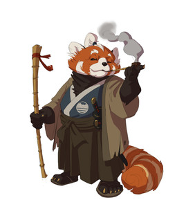 anthro asian_clothing claws clothing east_asian_clothing eyes_closed footwear fur hair holding_object holding_pipe holding_staff male melee_weapon ponytail sandals shoes simple_background smile solo staff standing sword tail weapon white_background ugo_chiola ailurid mammal red_panda 2016 hi_res