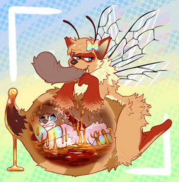 abdomen_vore accessory arthropod_abdomen bow_accessory bow_ribbon candy caramel_(food) dessert duo food hair_accessory hair_bow hair_ribbon honey_(food) insect_wings male male_pred ribbons tail_outside_mouth unusual_vore vore wings crownedvictory dawn_(dawnferret) 2025 absurd_res hi_res tagme