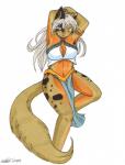 anthro armband biped bottomwear clothed clothing female fur hair loincloth long_hair looking_at_viewer sitting solo koshkio cairo domestic_cat felid feline felis mammal reptile scalie snake hi_res