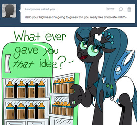 appliance bottle candy chocolate chocolate_milk clothing container dessert dialogue diaper eyes_closed fangs female feral flavored_milk food fridge green_eyes green_hair greeting hair hole_(anatomy) horn insect_wings kitchen_appliance milk pigtails simple_background solo teeth text white_background white_diaper wings crinklebottomchrysalis friendship_is_magic hasbro my_little_pony tumblr queen_chrysalis_(mlp) arthropod changeling_(mlp) 2013 english_text source_request