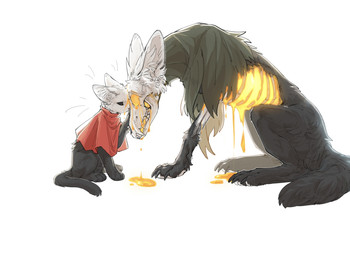 alternate_species ambiguous_gender anterior_nasal_aperture black_body black_eyes black_fur clothing duo empty_eyes feral fur inner_ear_fluff looking_at_another paws quadruped red_clothing sharp_teeth simple_background teeth tuft white_background white_body white_fur aaasakawa hollow_knight_(franchise) team_cherry hollow_knight_(character) hornet_(hollow_knight) canid canine felid feline infected_(species) mammal 2025 hi_res female_(lore) half_sister_(lore) sibling_(lore) sister_(lore)