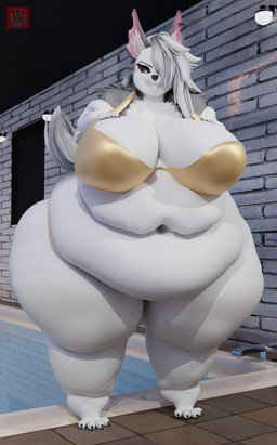 anthro belly big_belly big_breasts bikini breasts clothing female gold_bikini huge_belly huge_breasts huge_hips huge_thighs looking_at_viewer obese obese_anthro obese_female overweight overweight_anthro overweight_female solo standing swimming_pool swimwear thick_calves thick_thighs two-piece_swimsuit water wide_hips vep125 samzan_(modeler) golden_week hellaverse helluva_boss loona_(helluva_boss) 3d_(artwork) digital_media_(artwork) hi_res