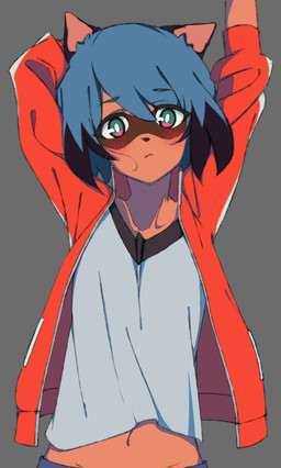 anthro black_hair black_nose blue_body blue_eyes blue_hair blush brown_body brown_fur clothed clothing female fully_clothed fur grey_background hair jacket looking_at_viewer navel open_clothing open_jacket open_topwear simple_background solo topwear translucent translucent_hair watanabe_n brand_new_animal studio_trigger michiru_kagemori canid canine mammal raccoon_dog tanuki absurd_res half-length_portrait hi_res portrait