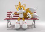 2_tails anthro bench black_nose clothing fur gloves handwear looking_at_viewer male multi_tail on_bench simple_background smile solo tail smpthehedgehog bench_tails sega sonic_the_hedgehog_(series) miles_prower canid canine fox mammal 3d_(artwork) digital_media_(artwork) hi_res