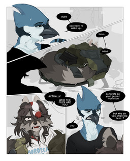 anthro beak biped blue_body clothed clothed_anthro clothed_female clothed_male clothing dialogue duo female front_view fur grey_body grey_fur grey_hair hair male open_mouth profanity speech_bubble teeth text tongue raccoattack cartoon_network regular_show mordecai_(regular_show) racc_(raccoattack) avian bird mammal procyonid raccoon 2025 comic digital_drawing_(artwork) digital_media_(artwork) english_text hi_res