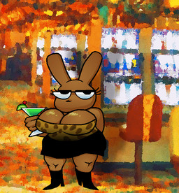 animal_print anthro black_boots black_bottomwear black_clothing black_footwear black_nose black_skirt boots bottomwear breasts brown_body brown_fur casino clothed clothing cocktail_glass container cup drinking_glass eyelashes eyewear female food footwear fruit fur glass glass_container glass_cup glasses glistening glistening_breasts half-moon_glasses hand_behind_back holding_glass holding_object leopard_print lime mouthless photo_background plant revealing_shirt shoes skimpy skirt solo standing tall_ears wearing_glasses alexis_wasilla lagomorph mammal digital_media_(artwork) microsoft_paint_(artwork) mixed_media paint.net_(artwork) photography_(artwork) shaded