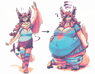 absolute_territory accessory anthro before_and_after big_breasts big_ears blue_bow blue_clothing blue_dress blue_shirt blue_topwear bow_ribbon breasts cleavage clothed clothing dewlap_(anatomy) dress ear_tuft eyewear fangs female female_anthro fur furgonomics gesture glasses hair legwear long_tail membrane_(anatomy) membranous_wings neck_tuft obese obese_anthro obese_female orange_ears orange_membrane orange_wings overweight overweight_anthro overweight_female patch_(fabric) pattern_clothing pattern_legwear pattern_stockings question_mark red_hair red_inner_ear ribbons round_glasses shirt slightly_chubby slightly_chubby_anthro slightly_chubby_female solo stockings striped_clothing striped_legwear striped_stockings stripes tail tail_accessory tail_bow tail_ribbon tail_tuft teeth topwear tuft waving waving_at_viewer weight_gain winged_arms wings miluinaoxie mythology bat dragon furred_dragon furred_scalie hybrid mammal mythological_creature mythological_scalie scalie full-length_portrait hi_res portrait