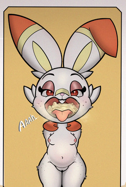 anthro areola bodily_fluids cum cum_in_mouth cum_inside eyelashes female freckled_face freckled_legs freckled_thighs freckles genital_fluids glistening_eyelids long_eyelashes young nefhasto nintendo pokemon generation_8_pokemon pokemon_(species) scorbunny hi_res