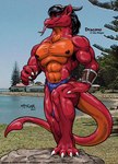 2000 abs anthro barazoku biceps big_muscles biped black_hair blue_eyes bottomwear claws clothed clothing dracono dragon forked_tongue hair horn kencougr loincloth looking_at_viewer male muscular muscular_anthro muscular_male mythological_creature mythological_scalie mythology nipples non-mammal_nipples paws pecs photo_background photography_(artwork) red_body scalie scar solo tail toe_claws tongue wristband