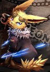 blue_eyes brick_wall chain clothing electricity electrogenesis eyewear feral fur graffiti hoodie looking_back sitting sunglasses topwear wall_(structure) yellow_body yellow_fur ivan-jhang nintendo pokemon eeveelution generation_1_pokemon jolteon pokemon_(species) 2019 hi_res