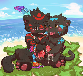 anthro aztec balls black_body black_fur blush bodily_fluids bottomwear clothing cum cum_on_hand duo erection feathers feet foot_fetish foot_play footjob fur genital_fluids genitals handjob jewelry loincloth male male/male markings moobs necklace nipples pawpads paws penile penis seaside sex sitting tattoo tongue tongue_out tribal tribal_markings young young_anthro young_male young_on_young lilinfeng felid leopard mammal pantherine hi_res brother_(lore) brothers_(lore) incest_(lore) sibling_(lore)