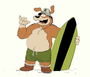 anthro boots bottomwear clothed clothing footwear fur gesture hand_gesture hat headgear headwear male male_anthro overweight overweight_anthro overweight_male pants shaka_sign shark_tooth_necklace shoes simple_background solo surfboard surfer swimming_trunks swimwear tail topless topless_anthro topless_male ugg_boots ty_pesh billabong blinky_bill_(series) meatball_dingo canid canine canis dingo mammal digital_media_(artwork) hi_res