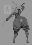 anthro artist_name big_butt butt clothed clothing cosplay ear_piercing eldiipiid fluffy fluffy_hair grey_background greyscale gun hair handgun harry_gray_(eldiipiid) hi_res holster huge_butt katana konami lagomorph leporid long_ears male mammal melee_weapon metal_gear metal_gear_rising:_revengeance monochrome piercing pistol platinumgames pose rabbit raiden_(metal_gear) ranged_weapon rear_view scut_tail short_tail simple_background small_waist smile solo sword tail thick_thighs weapon