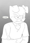 absurd_res angry anthro canid canine canis canisfidelis clothing comic crossed_arms dialogue digital_drawing_(artwork) digital_media_(artwork) domestic_dog glaring growling hi_res humphrey_(canisfidelis) male mammal monochrome shirt simple_background solo topwear young_(lore)