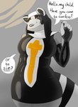 anthro big_breasts breasts clothed clothing female fur greeting latex latex_clothing latex_skinsuit looking_at_viewer nun nun_outfit rubber_clothing simple_background skin_tight_clothes skinsuit smile solo tail text thick_thighs tight_clothing blackbetty franciene_(tango's_family) mammal procyonid raccoon english_text hi_res