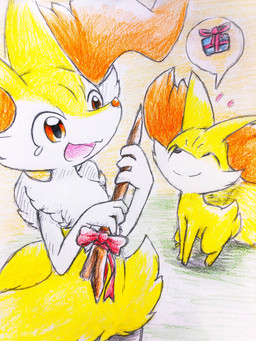 ^_^ ambiguous_anthro ambiguous_feral ambiguous_gender anthro biped bodily_fluids bow_ribbon digitigrade duo evolutionary_family eyes_closed feral gift heart_symbol high-angle_view holding_object holding_stick open_mouth open_smile quadruped simple_background sitting smile speech_bubble standing stick tail tail_motion tailwag tears eiroru nintendo pokemon braixen canid fennekin generation_6_pokemon mammal pokemon_(species) 2019 3:4 colored_pencil_(artwork) colored_sketch graphite_(artwork) hatching_(art) hi_res japanese_description pictographics shaded sketch traditional_media_(artwork) translated_description