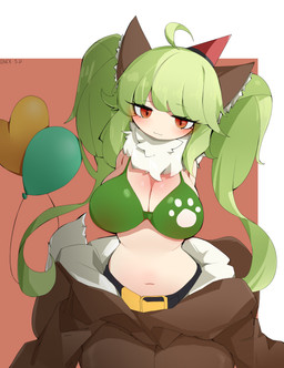 :3 ahoge balloon belt big_breasts blush bottomwear bra breasts brown_ears cleavage clothed clothing eyebrows female front_view geometric_background green_hair hair hat headgear headwear inflatable narrowed_eyes navel neck_tuft pigtails pupils red_eyes simple_background slit_pupils solo tail text tuft underwear enexofme the_battle_cats deale animal_humanoid canid canid_humanoid canine canine_humanoid humanoid mammal mammal_humanoid wolf_humanoid 2025 absurd_res artist_name dated digital_drawing_(artwork) digital_media_(artwork) hi_res