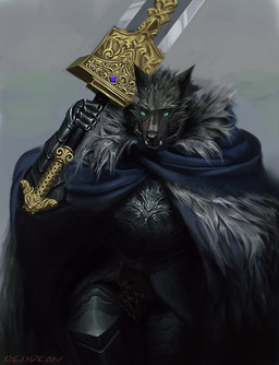 anthro armor bent_leg cape clothed clothing fur grey_background holding_melee_weapon holding_object holding_sword holding_weapon looking_at_viewer male melee_weapon scar simple_background solo standing sword teeth tuft weapon red8ean elden_ring fromsoftware blaidd_(elden_ring) canid canine canis mammal wolf 2022 detailed signature