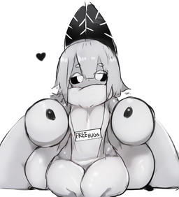 ambiguous_gender anthro biped black_sclera front_view heart_symbol knock-kneed sign simple_background sitting solo text white_background white_body white_eyes my700 moth_(menyang) arthropod insect lepidopteran moth absurd_res hi_res