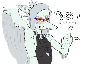 angry anthro biped black_clothing black_topwear blush bodily_fluids choker clenched_teeth clothing crossgender crying dialogue elbow_feathers feathered_wings feathers fingers ftm_crossgender gesture grey_hair grey_wings hair half-closed_eyes hand_gesture jewelry long_hair looking_at_viewer male markings middle_finger narrowed_eyebrows narrowed_eyes necklace open_mouth orange_eyes profanity scales simple_background sleeveless_shirt solo spiked_headwear spikes striped_body striped_markings striped_scales stripes tears teeth text tight_clothing tight_topwear topwear white_background wings wrinkled_forehead general_proton cavemanon_studios goodbye_volcano_high ko_op_(game_developer) snoot_game fang_(gvh) prehistoric_species pterosaur reptile scalie colored english_text